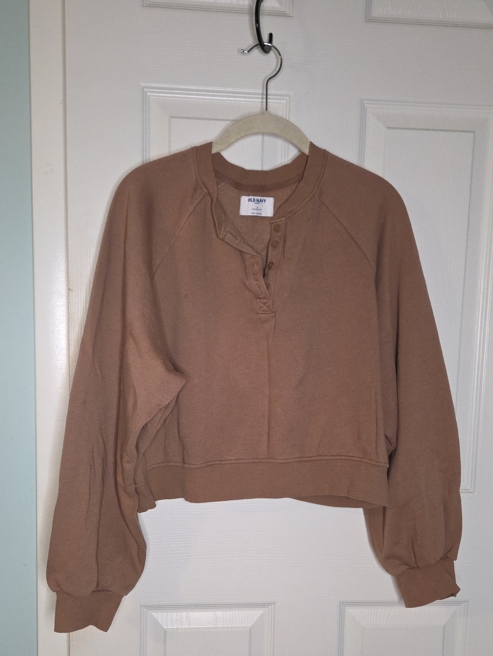 Old Navy Cropped Henley Sweatshirt in Brown